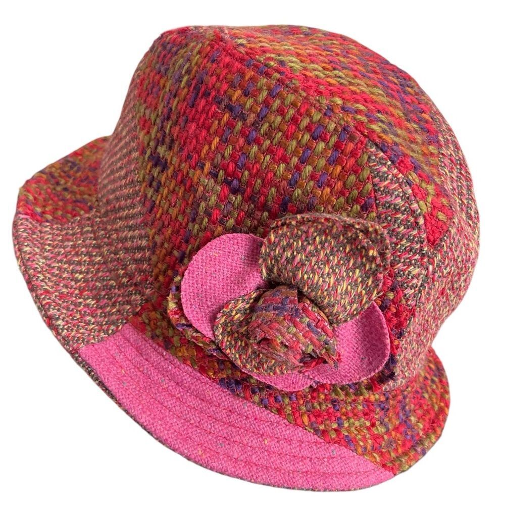 Multicolor Wool Tweed Women's Hat with Flower Accent Patchwork Pink Red